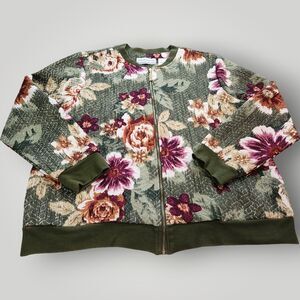 Alfred Dunner Petite Women's 12P Olive Green Multi-Floral Print Zip Front Jacket